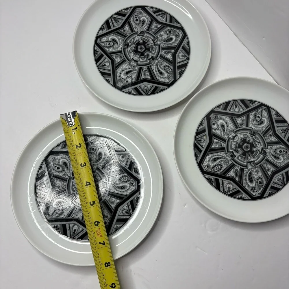 Sango Aquarius Limbo‎ 202 Salad Plates Set of 3 Black White Paisley Japan 7.5